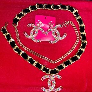 KoKo Colorful Tweed Textured Chain Belt with Matching Earrings 💋